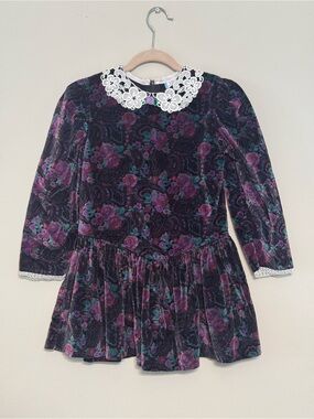 Vintage Purple Floral Velvet Gilt Dress with Lace Collar Sz 5T
